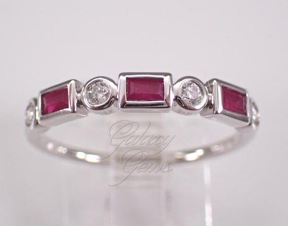 14K White Gold Ruby and Diamond Wedding Ring: Baguette Gemstone Anniversary Band