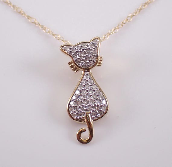 Yellow Gold Diamond Cat Charm Pendant - Adorable Kitten Slide Necklace - Feline Animal Jewelry Gift