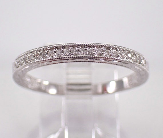 14K White Gold Diamond Wedding Ring - Vintage Style Engraved Anniversary Band - Stackable Bridal Jewelry Gift