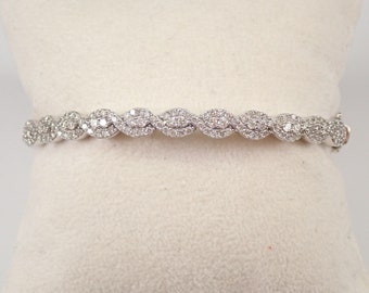 14K White Gold Diamond Bangle Bracelet - Unique Braided Statement Fine Jewelry - Wedding Anniversary Gift