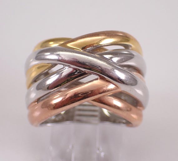 Sterling Silver Multi Row Tri Colored Band - Large Stackable Crossover Ring - Unique Anniversary Jewelry Gift