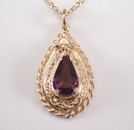 Vintage 14K Yellow Gold Locket Pendant and Chain: Engraved Teardrop Amethyst Necklace