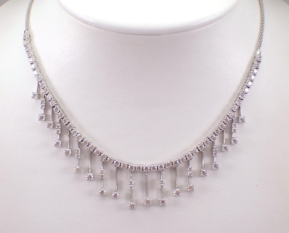 Sterling Silver Cubic Zirconia Tennis Necklace, Vintage Station Choker Pendant and Chain, Estate Formal Wear Dressy Jewelry Gift
