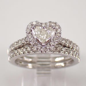 Parure de bagues de fiançailles en or blanc 14 carats et diamants - Jonc d'anniversaire de mariage empilable - Cadeau de haute joaillerie en forme de coeur