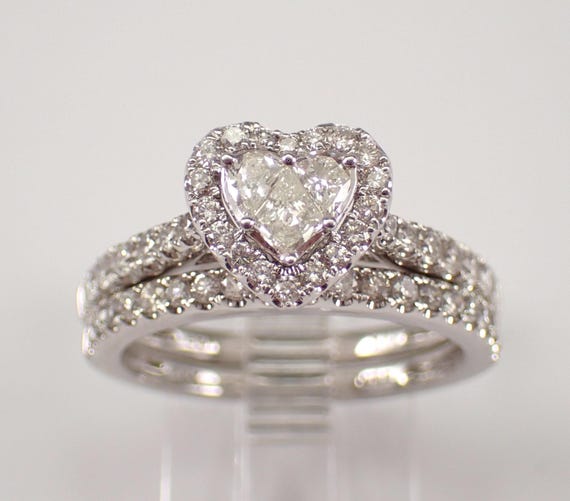 14K White Gold Diamond Engagement Ring Set - Stackable Wedding Anniversary Band  - Heart Shape Fine Jewelry Gift