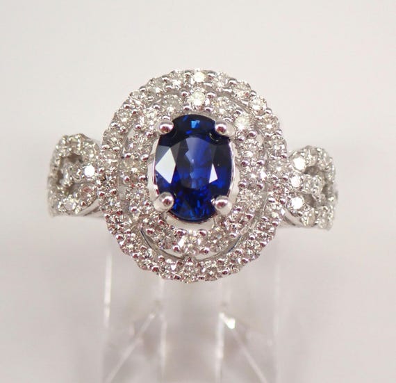 18K White Gold Sapphire and Diamond Ring, Unique Halo Engagement Setting, September Birthstone Gemstone Jewelry Gift
