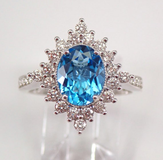 Blue Topaz Halo Engagement Ring, Unique Diamond Snowflake Setting, 14k White Gold Fine Jewelry