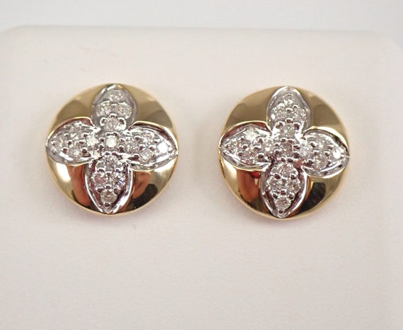 Yellow Gold Diamond Stud Earrings, Clover Shape Round Button Studs, Graduation Birthday Bridesmaid Jewelry Gift