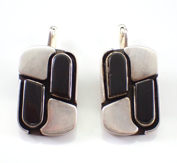 Vintage Sterling Silver Onyx Earrings - 80s Large Estate Silver Drop with English Lock - Unique Jewelry Gift