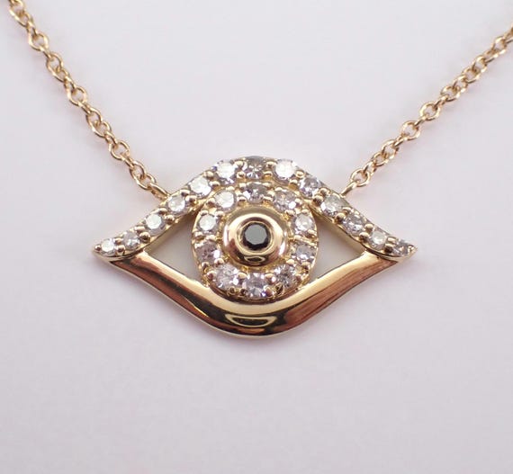 Black Diamond Evil Eye Necklace - Yellow Gold Pendant Station Choker Chain - Protection Good Luck Jewelry Gift