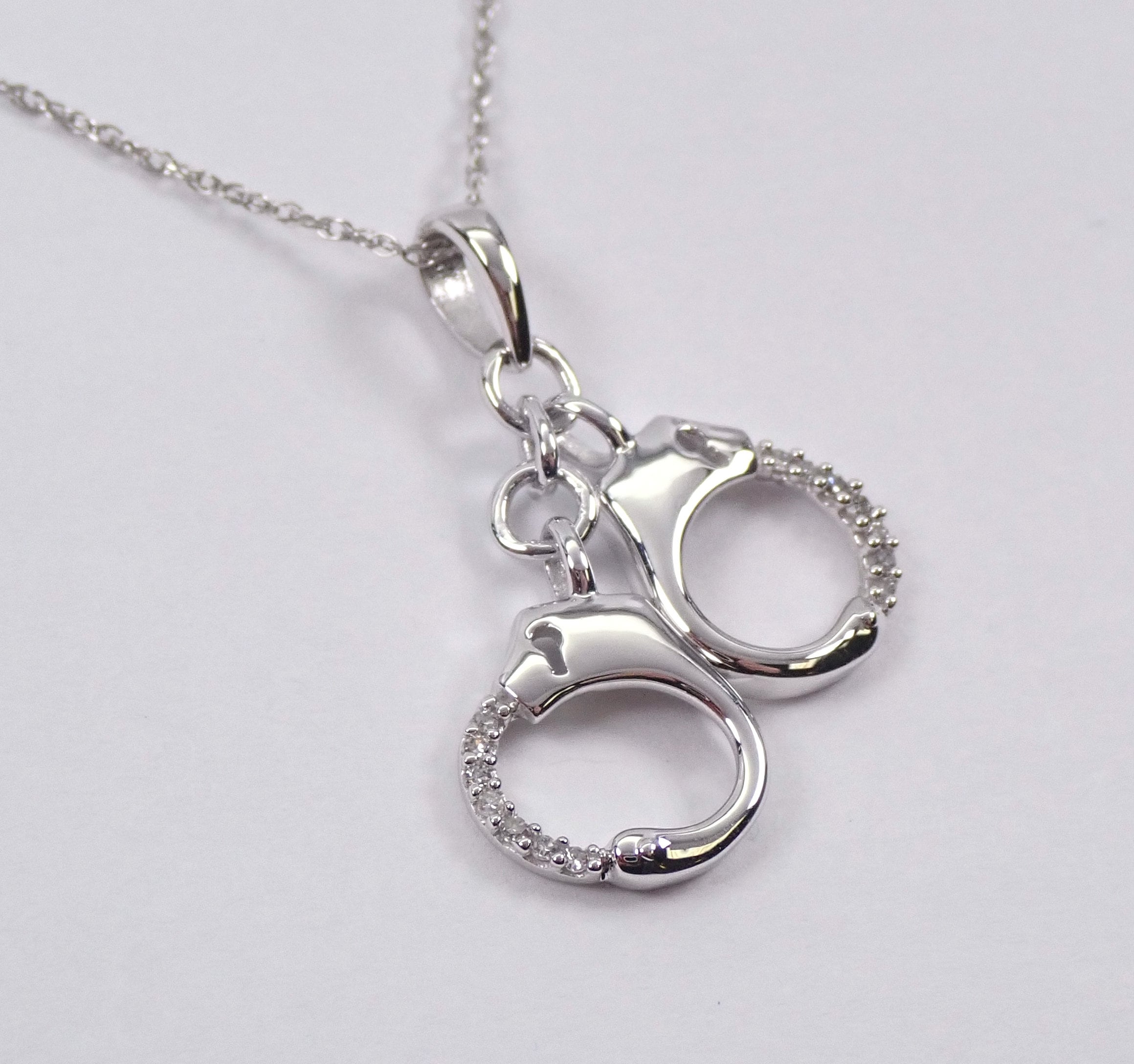 Diamond Handcuffs Pendant 14K White Gold Necklace Chain 18 Police Charm