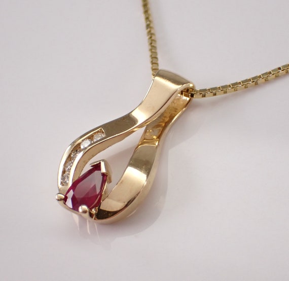 Ruby and Diamond Charm Pendant and Chain - 14K Ye… - image 3