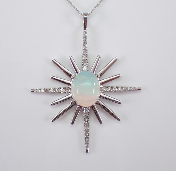 Opal and Diamond Starburst Pendant - White Gold Choker Necklace with 18 inch Chain - October Birthstone Celestial Jewelry Gift
