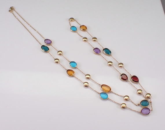 Multi Color Gemstone Station Necklace - Yellow Gold Colorful Layering Pendant Chain - Topaz Citrine Amethyst Garnet - 30 inch