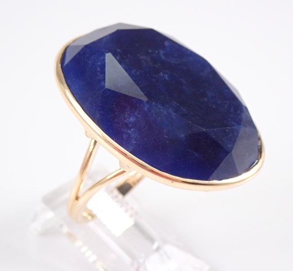 Yellow Gold Large Sodalite Ring - Large Bezel Set Gemstone - Unique Abstract Handmade Setting