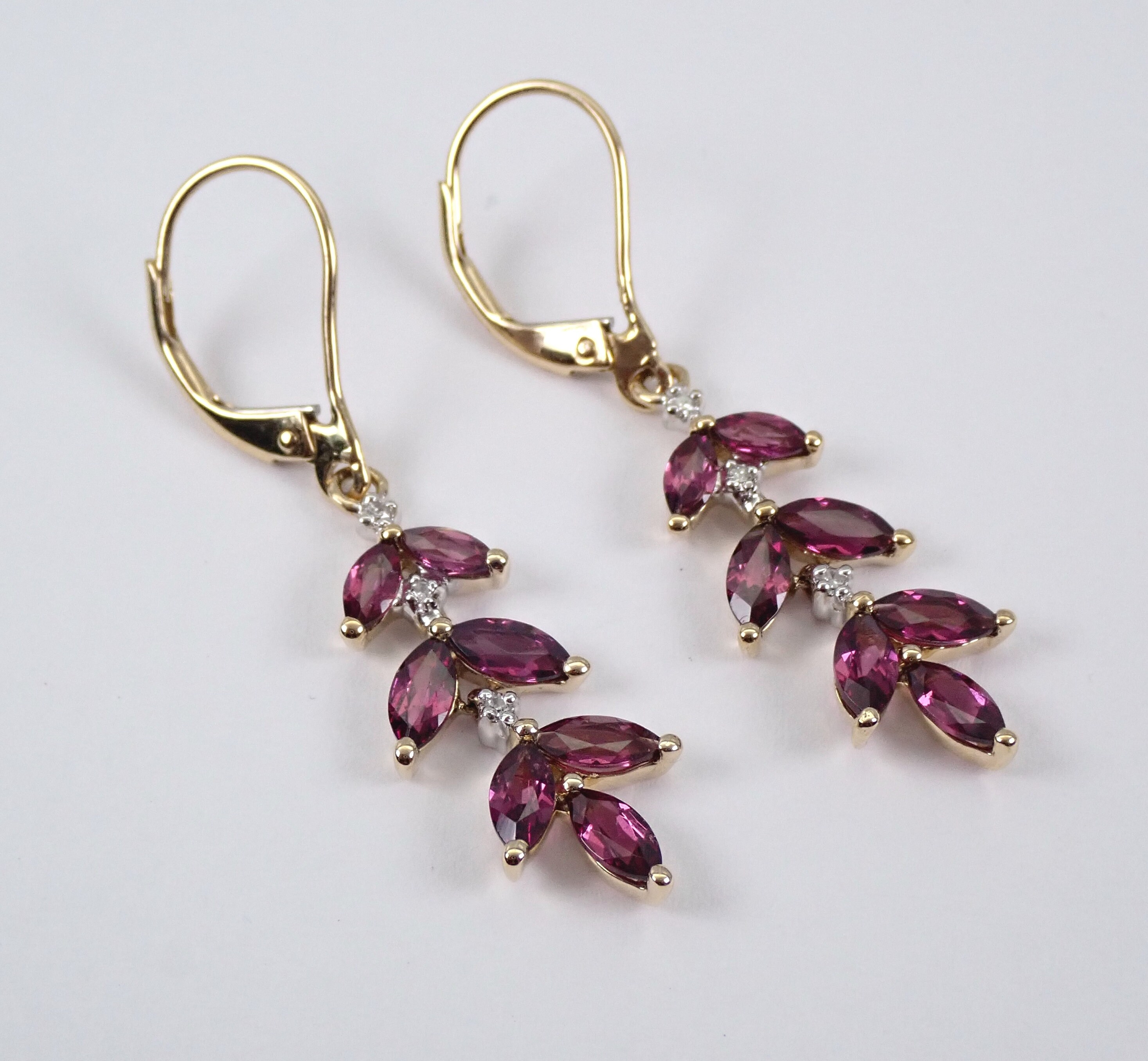 14K Yellow Gold Rhodolite and Diamond Dangle Drop Earrings Leverback