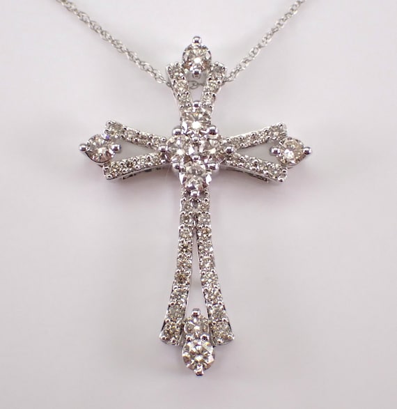 Diamond Cross Pendant and Chain - Solid White Gold Religious Charm Necklace - Unique GalaxyGems Fine Jewelry Gift