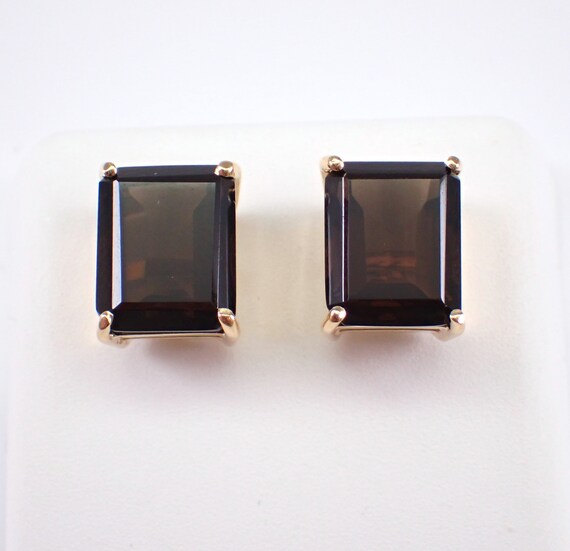 Emerald Cut Smokey Topaz Stud Earrings - Solid 14K Yellow Gold Large Gemstone Studs - Unique Vintage Fine Jewelry Gift