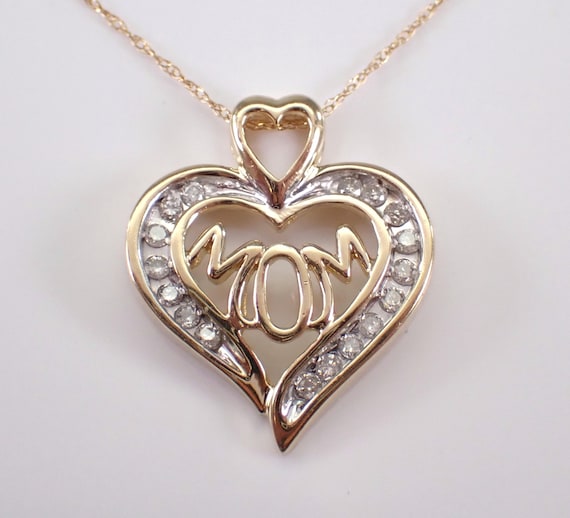Vintage 14K Yellow Gold Heart Charm Pendant - Dainty Diamond Mom Necklace with Chain - Estate Fine Jewelry Gift
