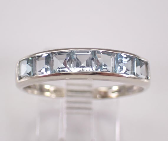 White Gold Aquamarine Wedding Ring: Stacking Square Princess Cut Anniversary Band - March Aqua Gemstone Jewelry Gift