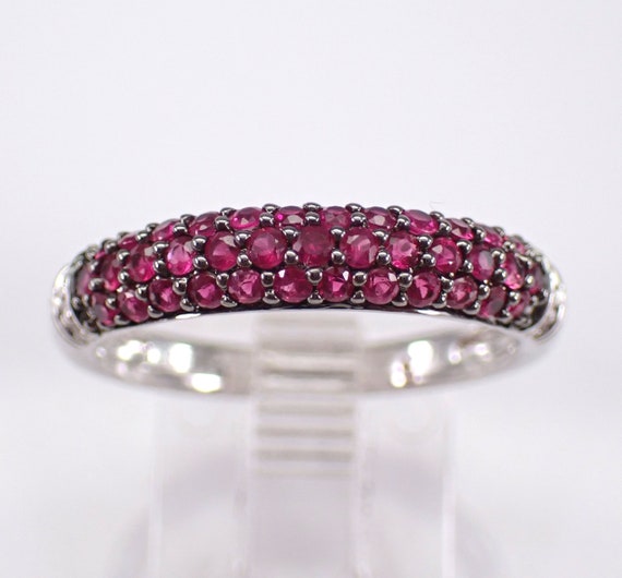 White Gold Ruby Wedding Ring - Dainty Diamond Bridal Setting - Half Eternity Anniversary Band - July Birthstone Gemstone Gift