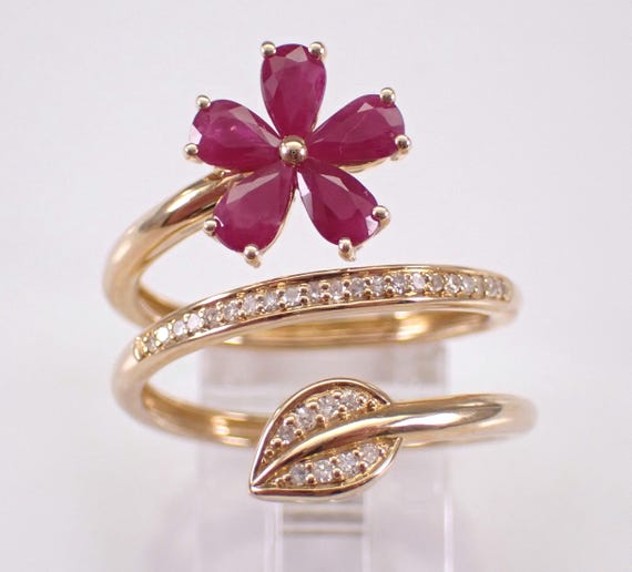 Yellow Gold Ruby Flower Ring - Diamond Wraparound Crossover Band - Gemstone Fine Jewelry Gift