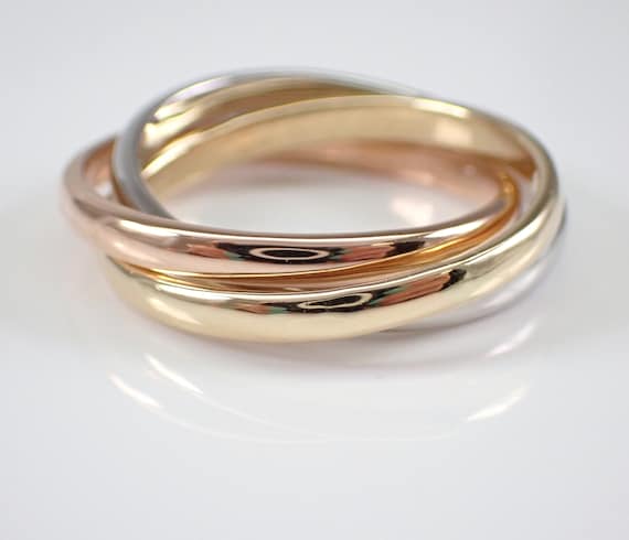 14K Tri Color Gold Rolling Wedding Ring - Unique Anniversary Bridal Jewelry Gift - Rose White and Yellow Gold Fidget Spinner Ring