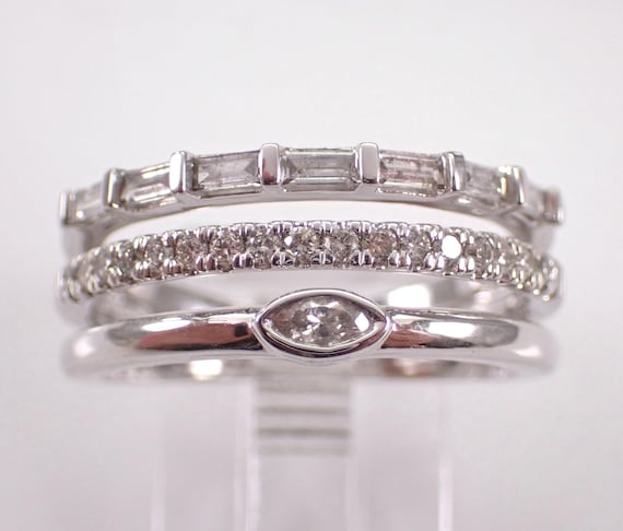 14K White Gold Multi Row Diamond Ring, Unique Wedding Anniversary Band, Triple Stackable Baguette Jewelry Gift