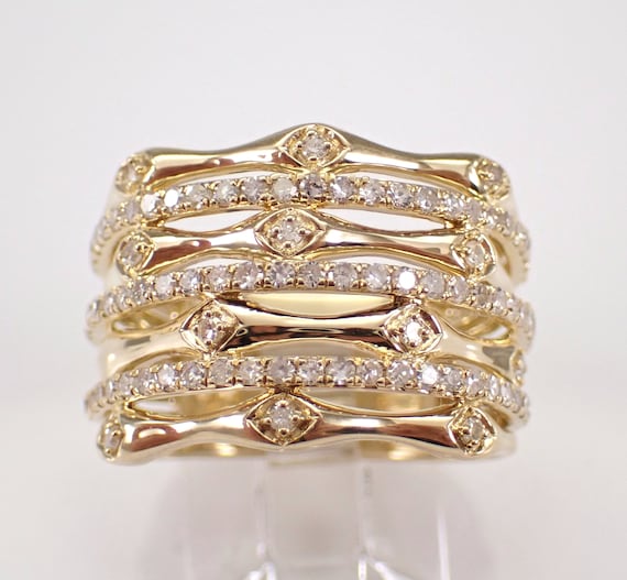 14K Yellow Gold Diamond Multi Row Ring, Wide Wedding Anniversary Band, Unique Right Hand Bridal Jewelry Gift