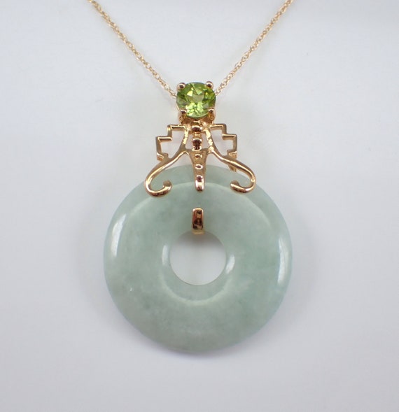 Jade and Peridot Pendant and Chain - 14k Yellow Gold Donut Necklace - Unique Asian Gemstone Fine Jewelry Gift