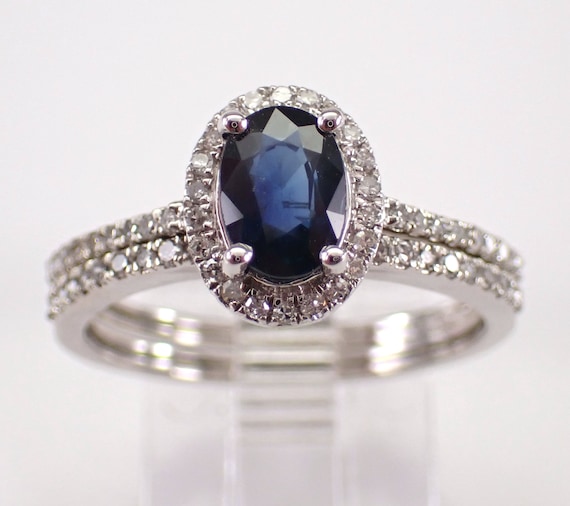 Sapphire and Diamond Engagement and Wedding Ring - 14K White Gold Bridal Halo Setting - September Birthstone Jewelry Gift