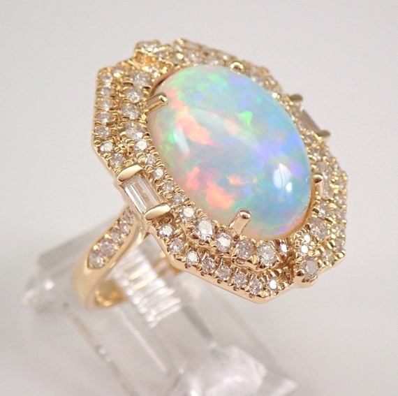 7.51ct Opal and Diamond Ring - 14k Yellow Gold Halo Engagement Ring - Large October Gemstone Jewelry Gift