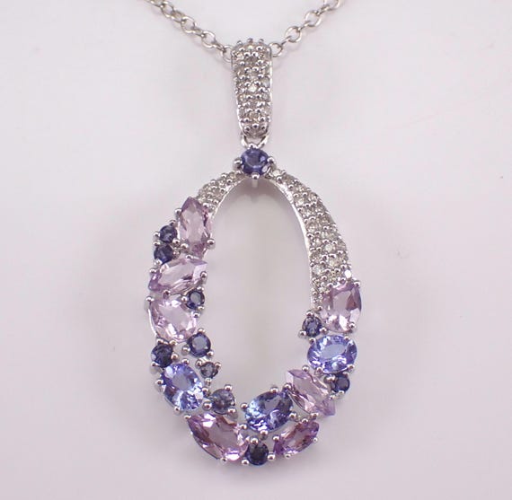 14K White Gold Tanzanite and Diamond Pendant - Teardrop Cluster Charm Necklace - Amethyst Gemstone Choker Chain