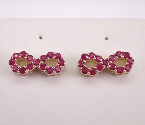 Yellow Gold Ruby Infinity Sign Earrings - Dainty Gemstone Screwback Studs - July Birthstone Jewelry Gift