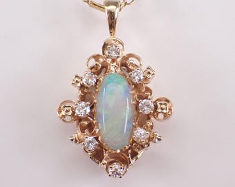 Vintage Opal and Diamond Necklace - Antique 14K Yellow Gold Charm Pendant and Chain -  October Birthstone Gemstone Jewelry Gift