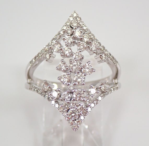 14K White Gold Diamond Fashion Ring - Open Cluster Bridge Band - Double Chevron V shape Jewelry Gift