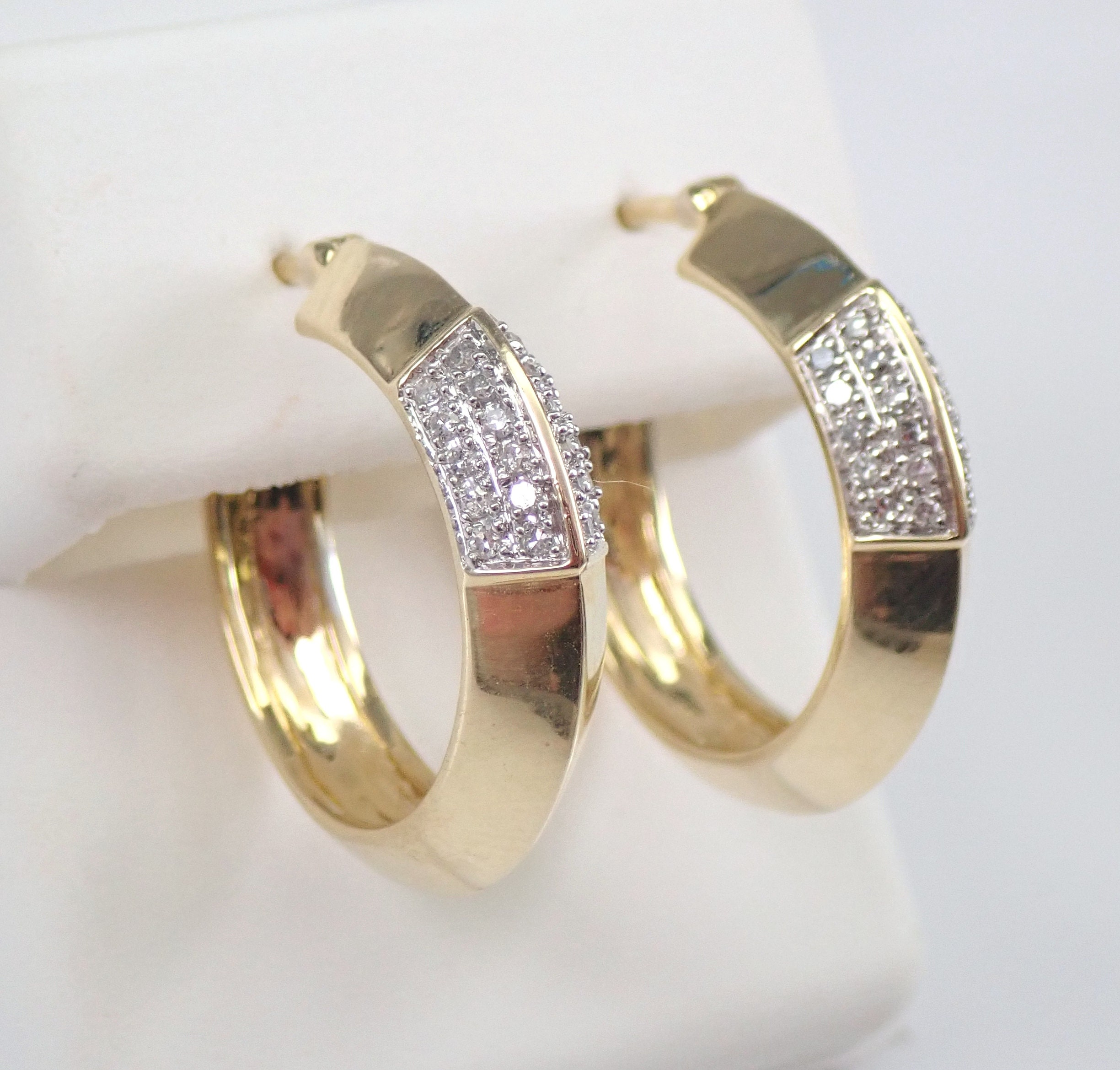 Estate 14KT Yellow Gold + White Gold Gypsy Set Diamond Huggie Hoop