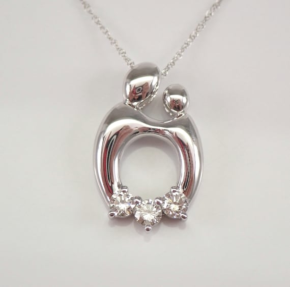 Mother and Child Diamond Pendant - 14K White Gold Three Stone Necklace - Unique Fine Jewelry Gift for Mom