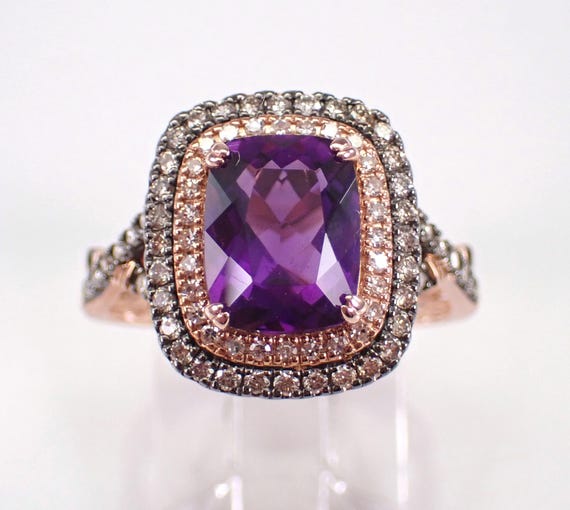 14K Rose Gold Amethyst Ring - Cognac Diamond Halo Engagement Setting - Unique Bridal Fine Jewelry Gift