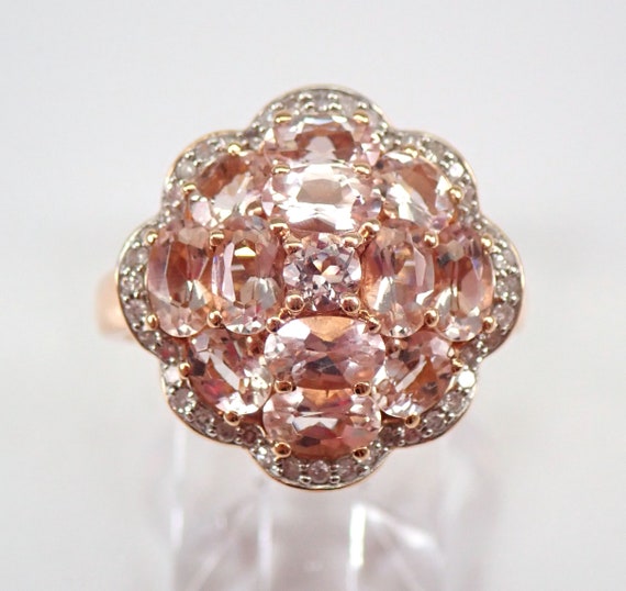 14K Rose Gold 2.25 ct Morganite and Diamond Cluster Flower Ring Size 7.25 FREE SIZING