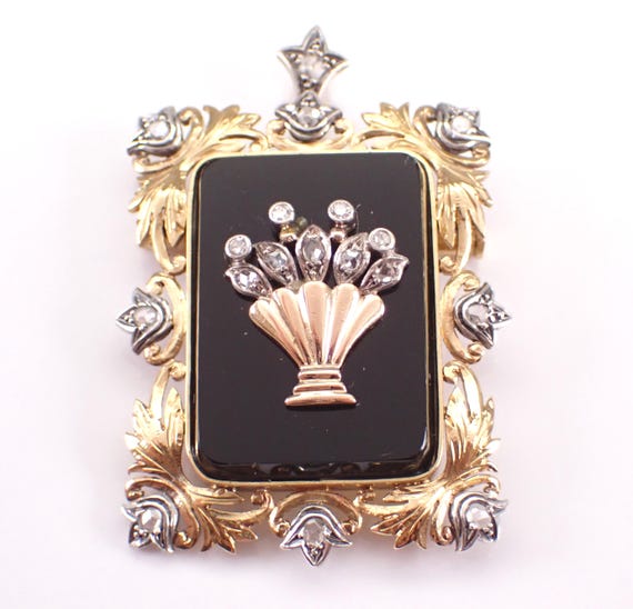 Victorian 14K Yellow Gold Diamond and Onyx Brooch, Large Rectangular Pendant Charm, Unique Antique Basket Vase Pin