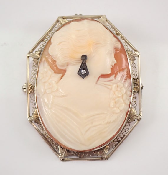 Antique 14K White Gold Cameo Brooch, Vintage Diamond Set Pendant, 40s Fine Jewelry Gift