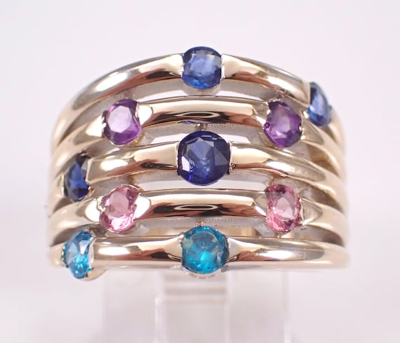Sapphire Amethyst Tourmaline Multi Row Ring - 14K Yellow Gold Chunky Wedding Anniversary Band - Estate Gemstone Jewelry Gift