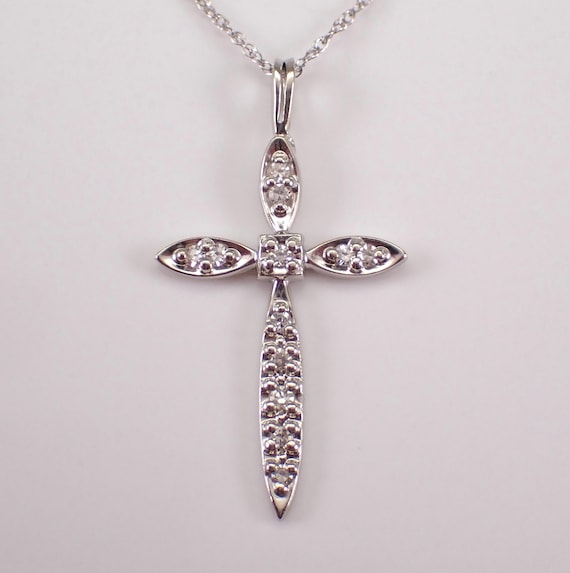 14K White Gold Diamond Cross Pendant and Chain - Religious Simple Crucifix Charm Necklace - Everyday Layering Fine Jewelry Gift