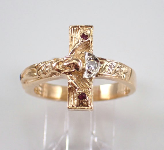 Vintage 14K Yellow Gold Crucifix Ring - Diamond and Ruby Cross Band - Unique Estate GalaxyGems Religious Jewelry