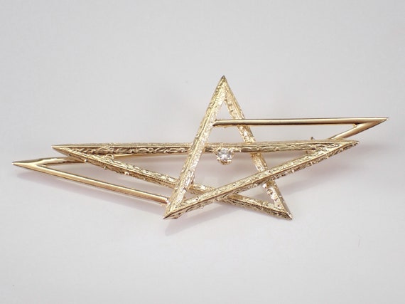 Vintage 14K Yellow Gold Diamond Brooch - Unique Abstract Star of David Pin - Judaica Religious Jewish Jewelry Gift