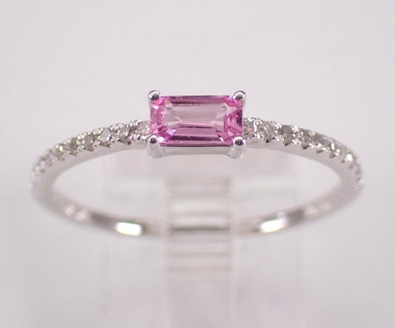 14K White Gold Pink Sapphire Promise Ring, Dainty Diamond Stackable Band, Bridal Fine Jewelry Gift