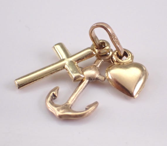 Vintage 14K Yellow Gold Charm Pendant - Religious Cross Anchor and Puffy Heart - Unique Triple Dangle For Bracelet or Necklace