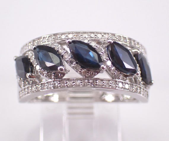 14K White Gold Sapphire and Diamond Ring: Stackable Wedding Anniversary Band