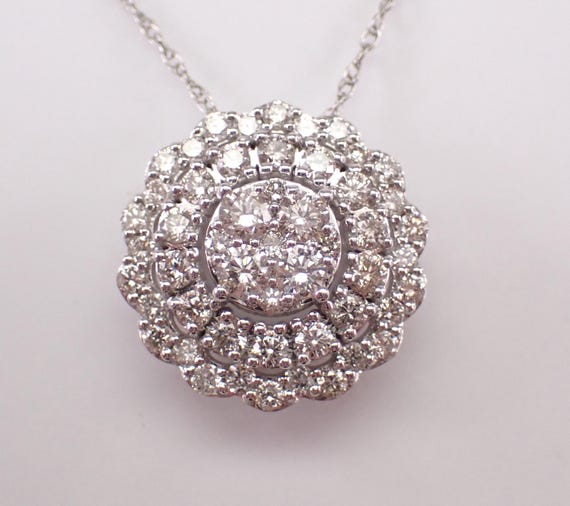 White Gold Diamond Pendant and Chain - Solitaire Halo Cluster Slide Necklace